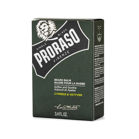Proraso Single Blade Cypress & Vetyver Beard Balm 100ml with Glycerin and Vitamin E softening and conditioning beard hair with a woody scent