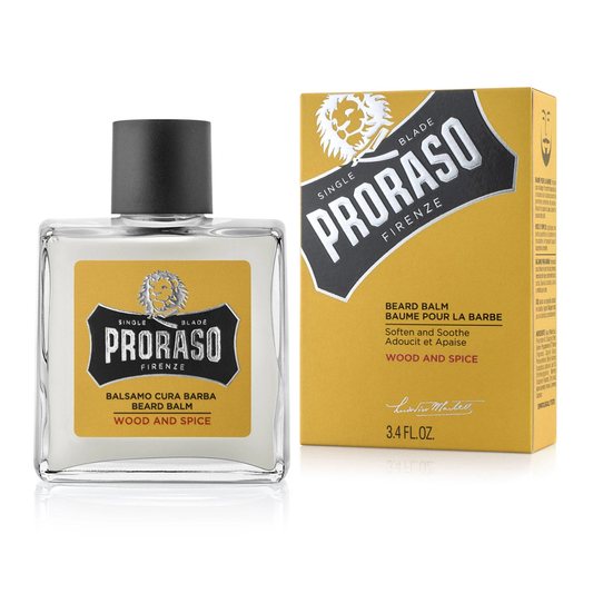 Proraso Wood & Spice Beard Balm 100ml with Eucalyptus Oil and Glycerin softening and moisturising beard hair with a warm woody scent
