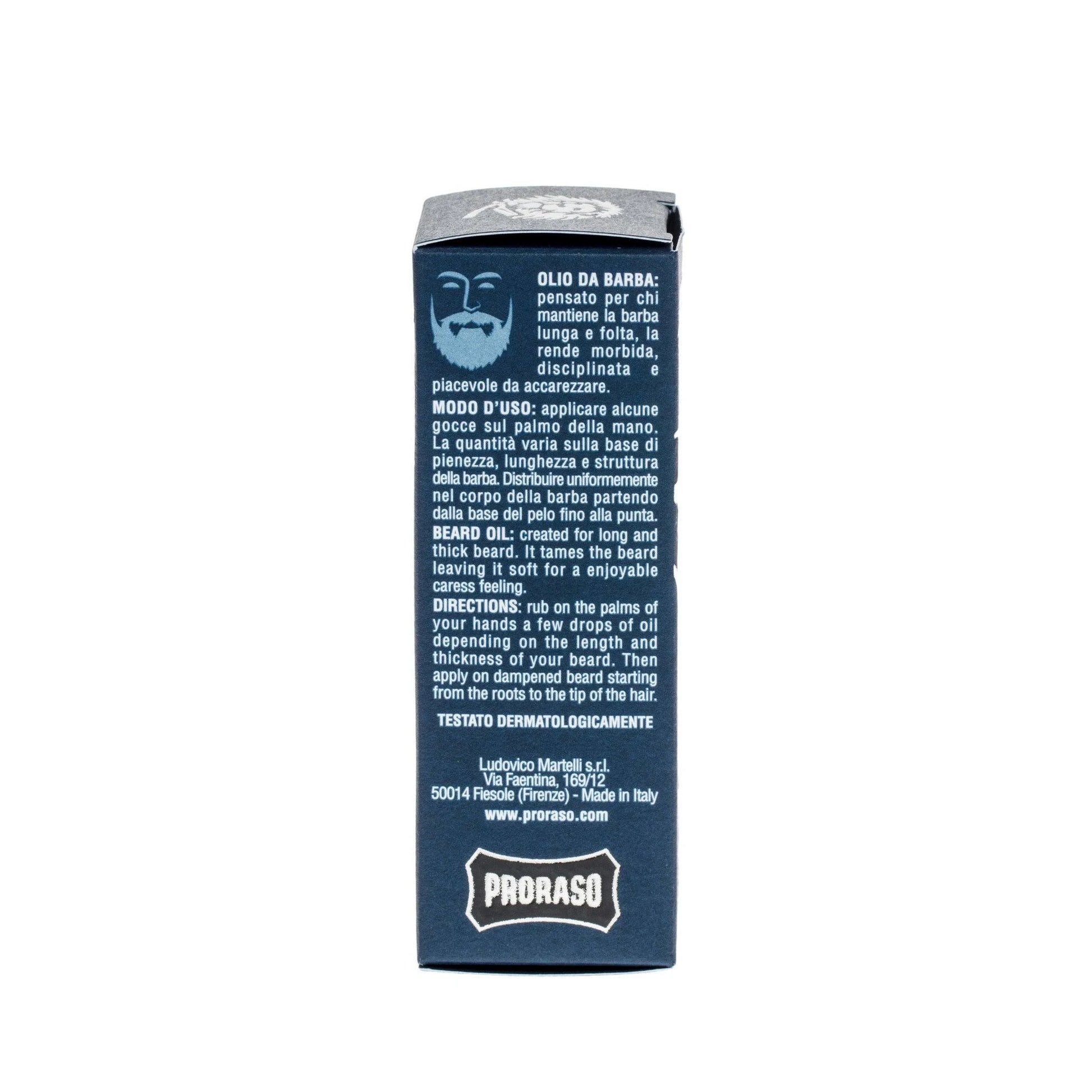 Proraso Azur & Lime Beard Oil 30ml with Macadamia and Avocado Oil softening and conditioning beard hair with a fresh lime scent