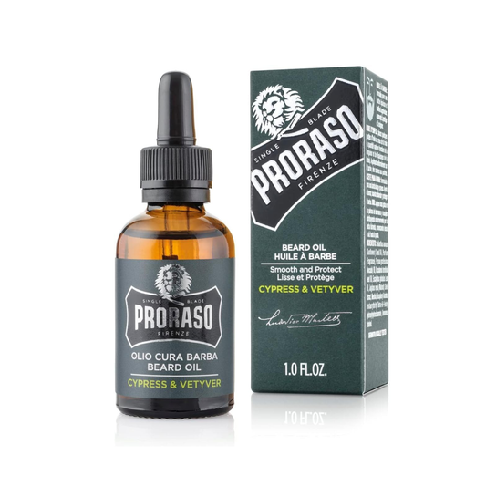 Proraso Cypress & Vetyver Beard Oil 30ml with Macadamia and Avocado Oil softening and conditioning beard hair with a citrus and woody scent