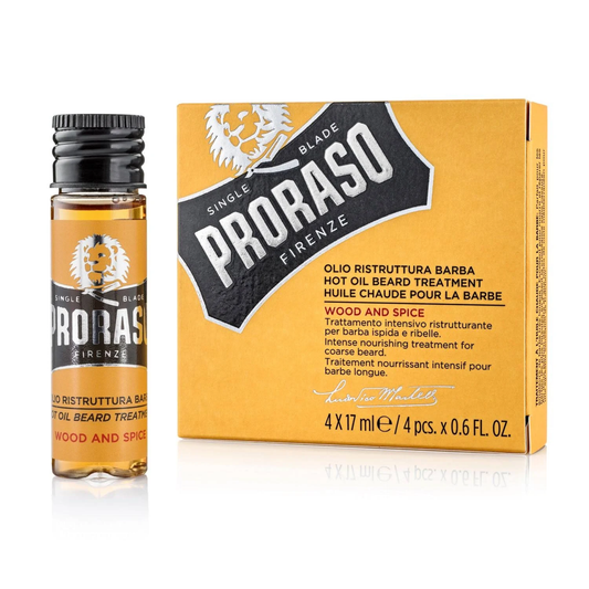 Proraso Hot Oil Beard Treatment Wood and Spice 4 x 17ml deep-conditioning weekly treatment with Aloe and Eucalyptus Oil for a softer beard
