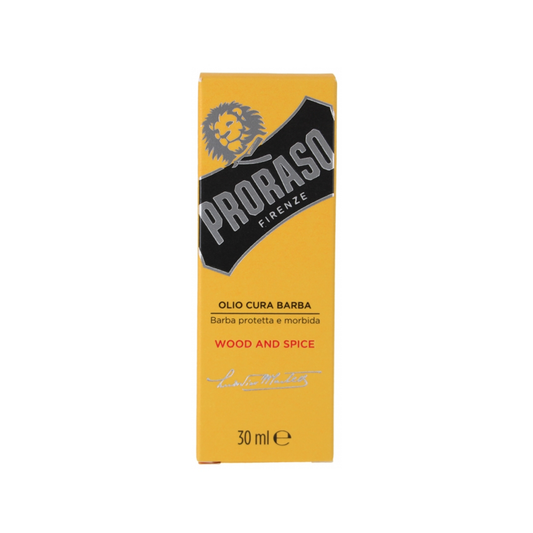 Proraso Wood & Spice Beard Oil 30ml nourishing beard oil with Sunflower Avocado and Macadamia Oils softening and protecting beard hair daily"=