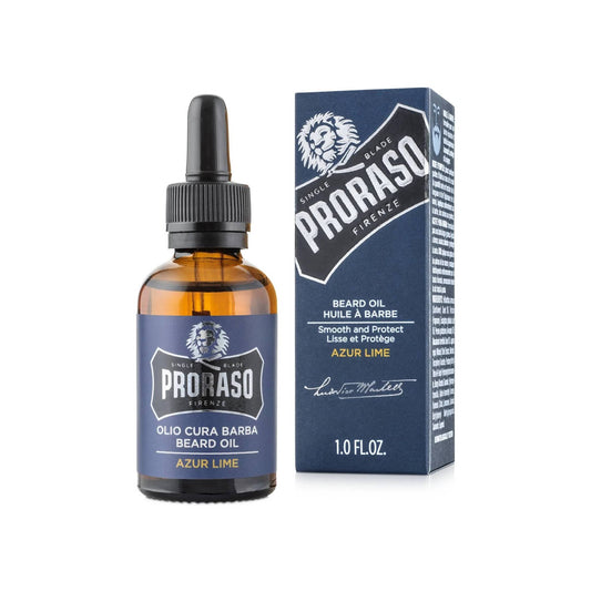 Proraso Azur & Lime Beard Oil 30ml nourishing beard oil with Macadamia and Avocado Oil softening and conditioning beard hair with a fresh lime scent