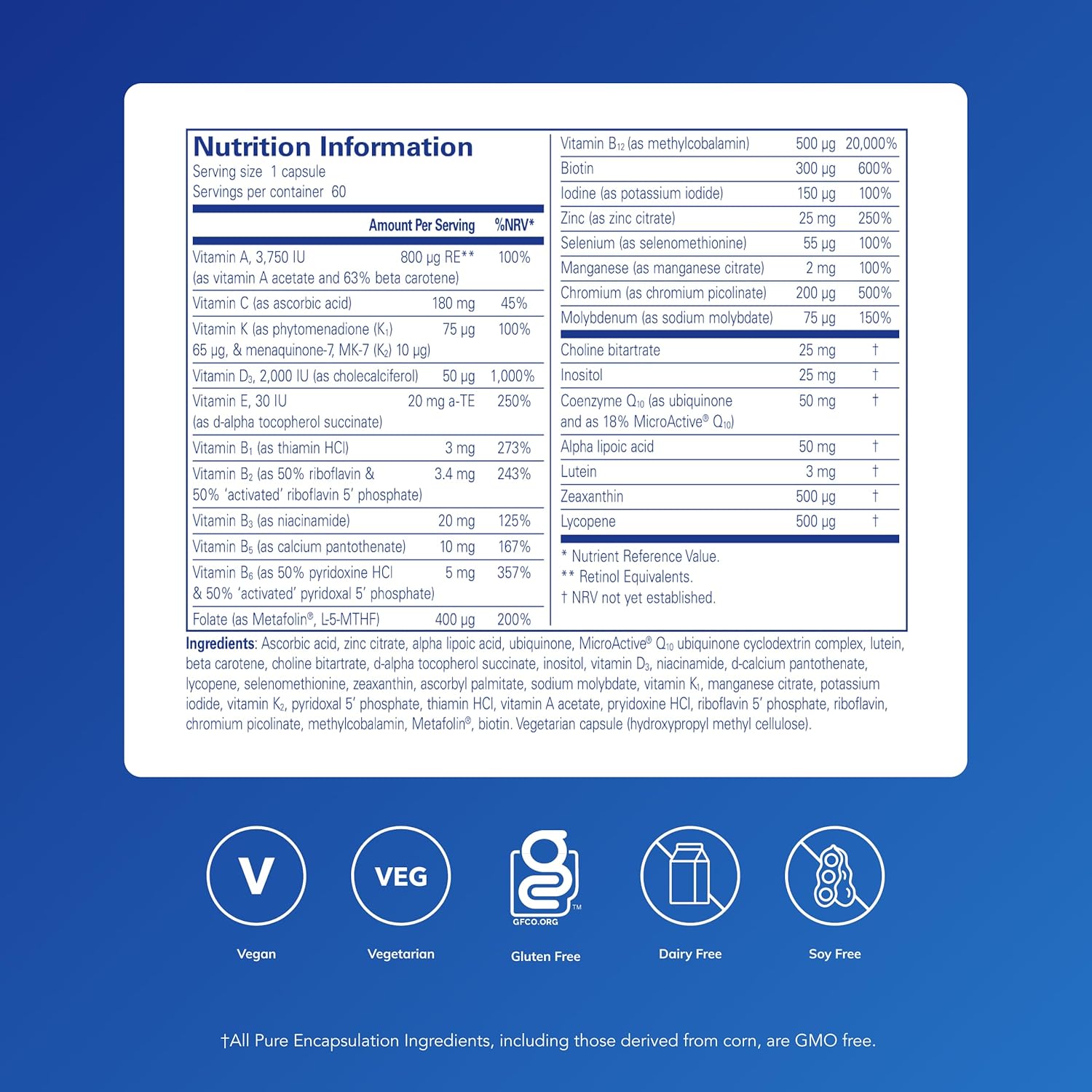 Pure Encapsulations O.N.E. Multivitamin with CoQ10 methylfolate lutein lycopene zeaxanthin and alpha lipoic acid comprehensive formula
