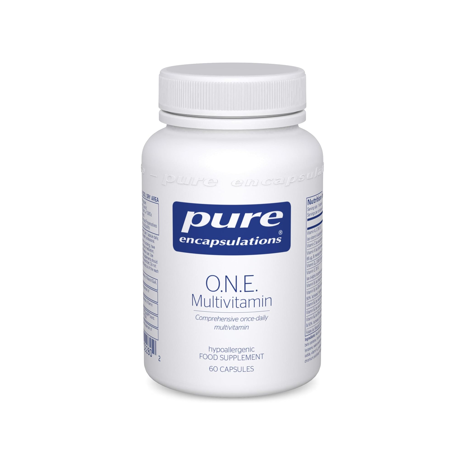 Pure Encapsulations O.N.E. Multivitamin 60 capsules once-daily bioavailable vitamins minerals and phytonutrients gluten free vegetarian
