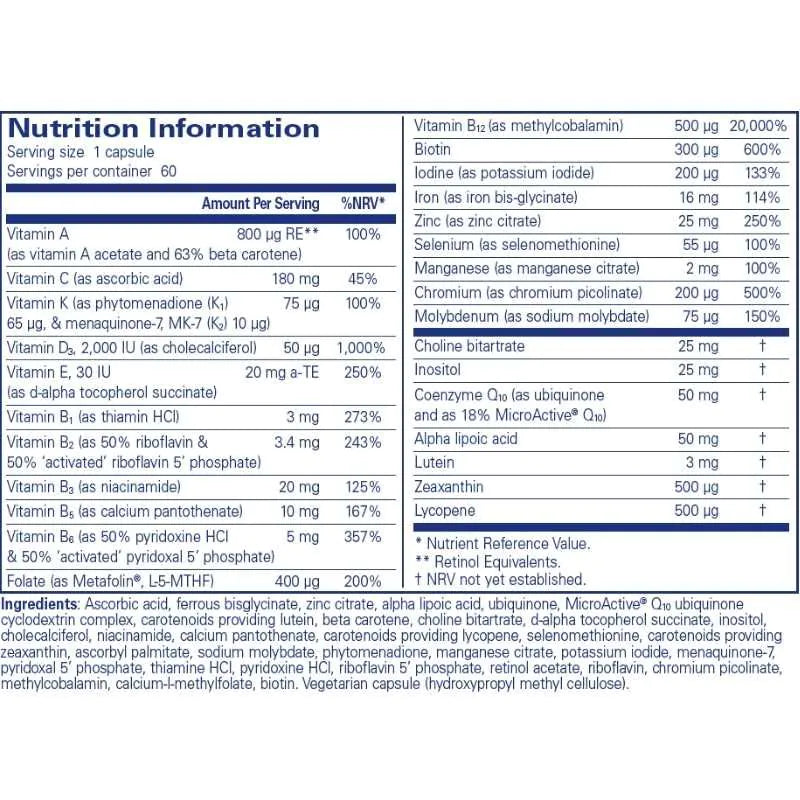 Pure Encapsulations O.N.E. Multivitamin with Iron featuring iron bisglycinate, sustained-release CoQ10 and carotenoids for comprehensive daily nutrition