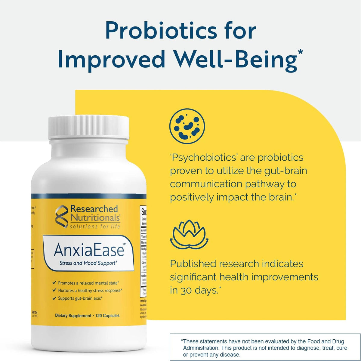 Researched Nutritionals AnxiaEase herbs and B6 help support relaxation, with the facts label showing the amount in each two capsule serving.
