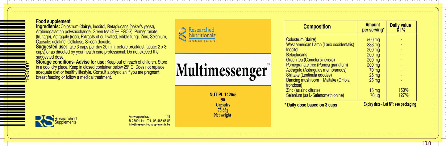 Researched Nutritionals MultiMessenger supplement facts panel showing zinc selenium and botanical blend ingredients per serving 