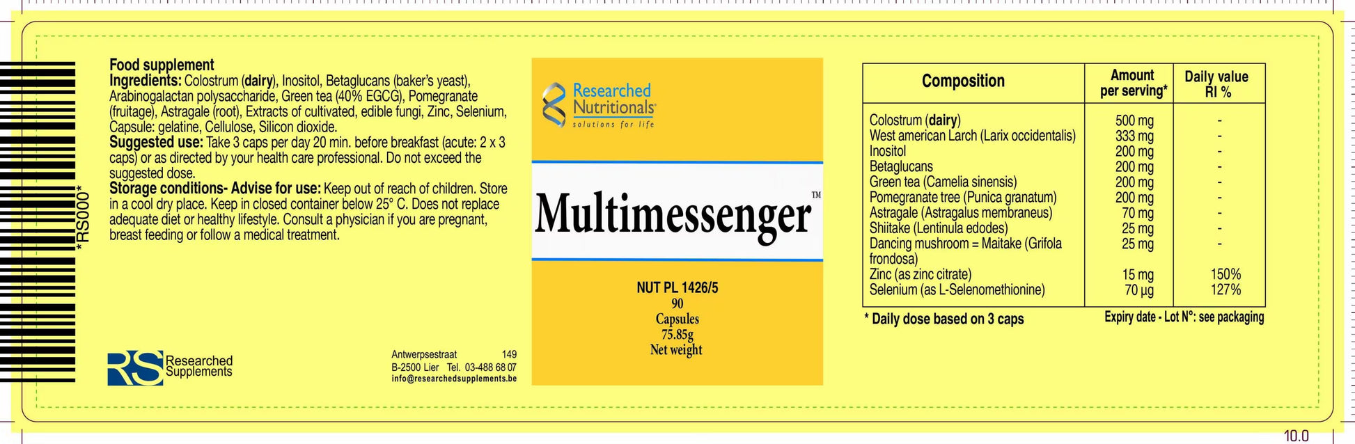 Researched Nutritionals MultiMessenger supplement facts panel showing zinc selenium and botanical blend ingredients per serving 