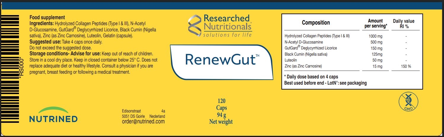 Researched Nutritionals RenewGut digestive supplement with zinc carnosine Nigella sativa GutGard deglycyrrhised licorice and luteolin