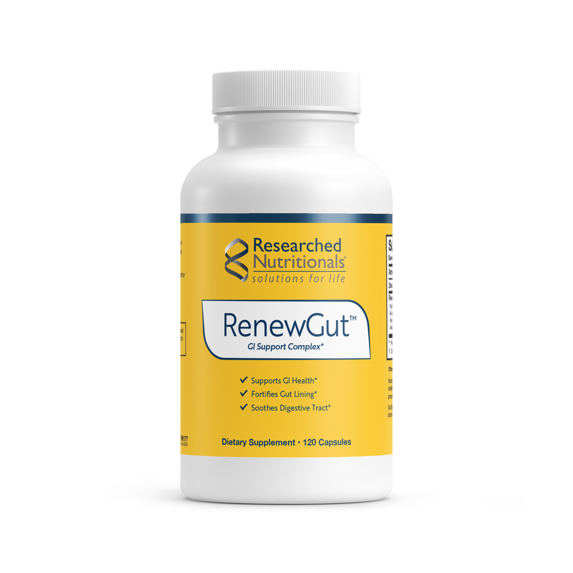 Researched Nutritionals RenewGut 120 capsules with collagen peptides NAG GutGard licorice black cumin zinc carnosine and luteolin
