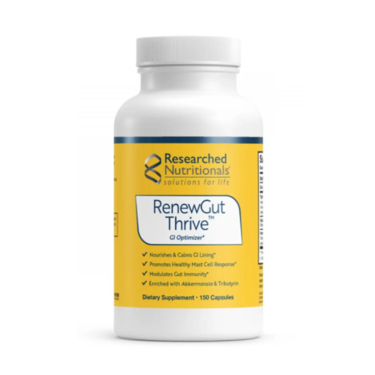 Researched Nutritionals RenewGut Thrive 150 capsules 30-serving gut health supplement with pasteurised Akkermansia Tributyrin and zinc in white bottle