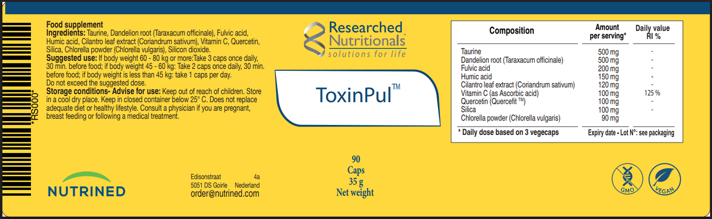 Researched Nutritionals ToxinPul dandelion root cilantro leaf extract fulvic acid humic acid and chlorella vulgaris powder