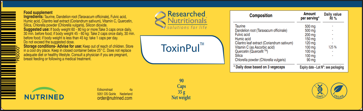 Researched Nutritionals ToxinPul dandelion root cilantro leaf extract fulvic acid humic acid and chlorella vulgaris powder