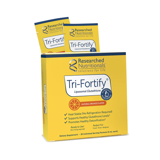 Researched Nutritionals Tri-Fortify Orange liposomal glutathione 450mg vitamin C 50mg 20 x 5ml sachets sublingual vegan 