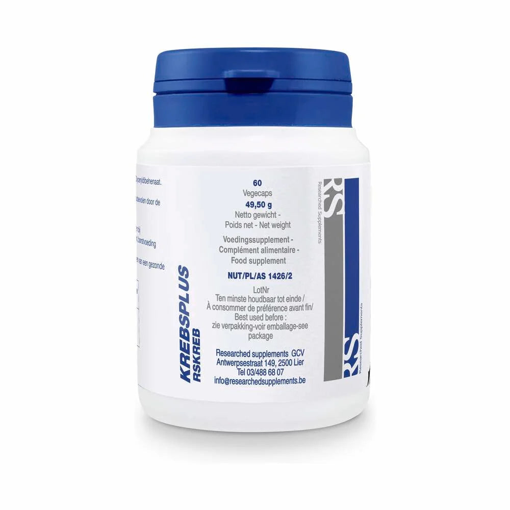 Researched Supplements Krebs Plus 60 capsules combine three active ingredients in one formula for those who prefer a convenient capsule supplement.