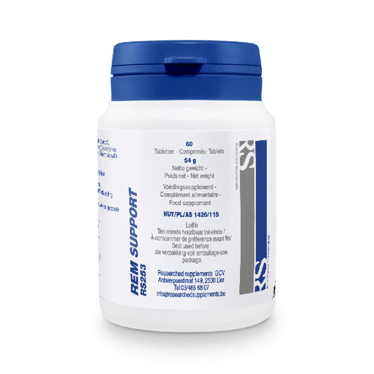 Researched Supplements REM Support 60 tablets combine GABA, lemon balm, valerian and vitamin B6 in a food supplement for use before bedtime.