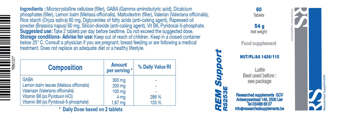 Researched Supplements REM Support label lists GABA 300mg, lemon balm 200mg and valerian 100mg per two tablets, alongside two vitamin B6 entries.