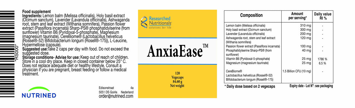 Researched Nutritionals AnxiaEase herbs help support relaxation, with lemon balm and holy basil shown next to capsules in the blend graphic.