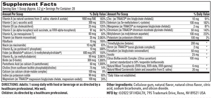 SFI Health VitaSpectrum Citrus supplement facts showing 20 essential nutrients per scoop including Metafolin B12 vitamin D3 and TRAACS minerals