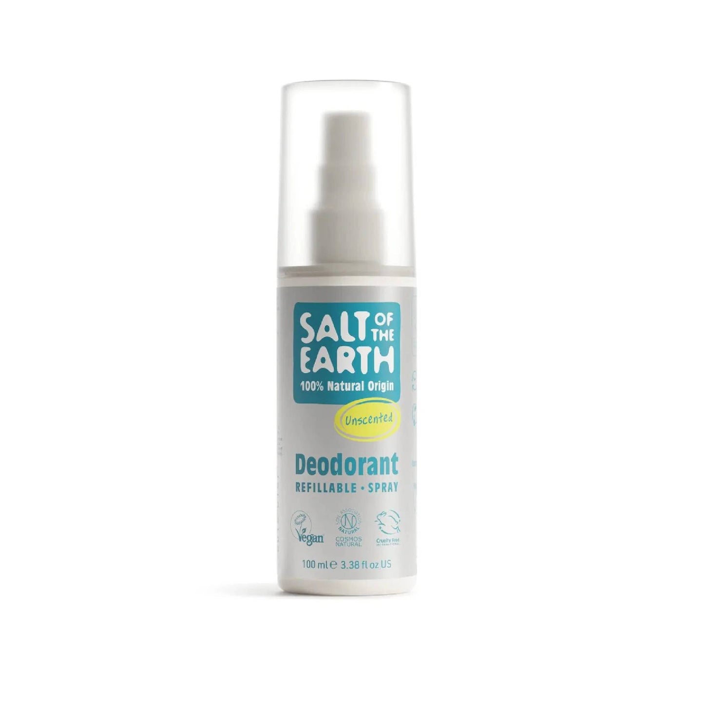 Salt of the Earth Unscented Spray with potassium alum, magnesium chloride and organic aloe vera, neutralises odour-causing bacteria without fragrance