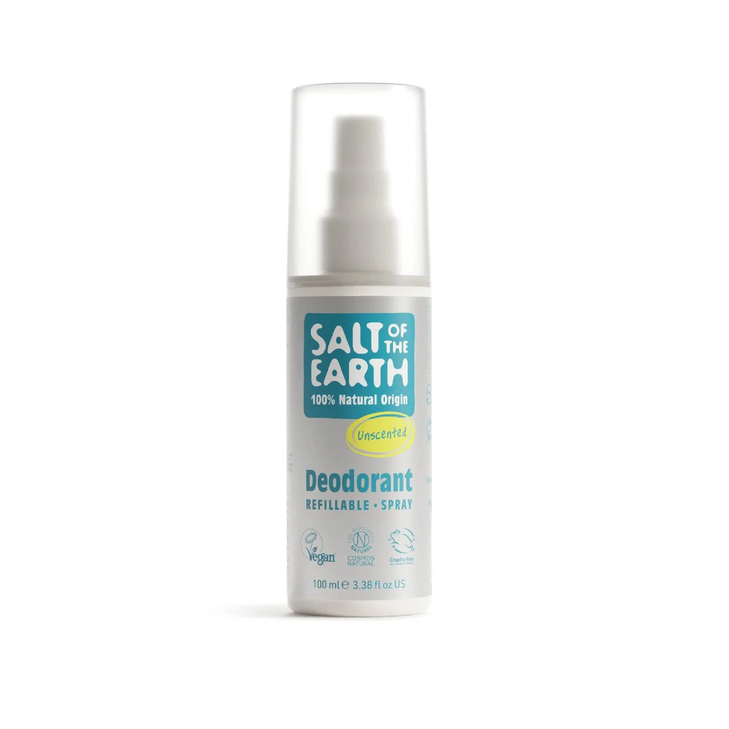 Salt of the Earth Natural Unscented Deodorant Spray 100ml, COSMOS Natural certified, vegan and aluminium-free, made in the UK with refillable packaging
