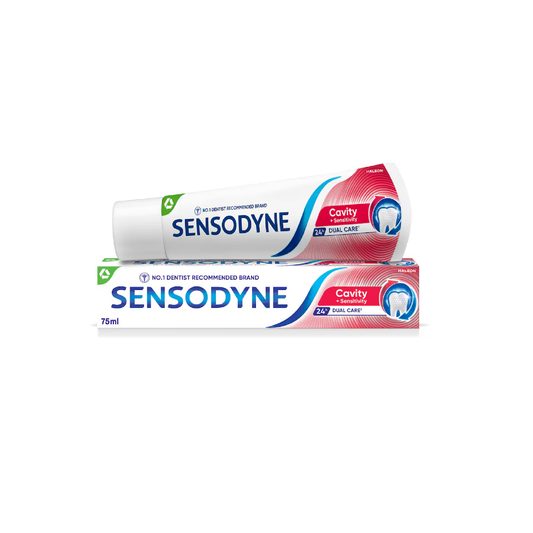 Sensodyne Cavity and Sensitivity toothpaste 75ml tube designed to relieve sensitive teeth and protect against cavities while strengthening enamel for everyday oral care