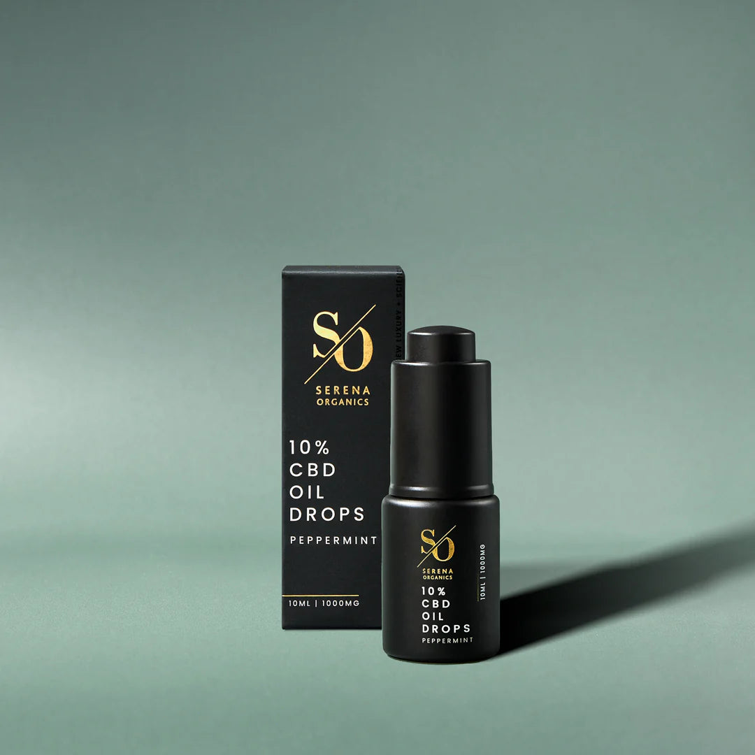 Serena Organics CBD Oil Drops with cannabidiol hemp extract and peppermint flavouring in organic MCT oil delivering 5mg CBD per drop with 0% THC