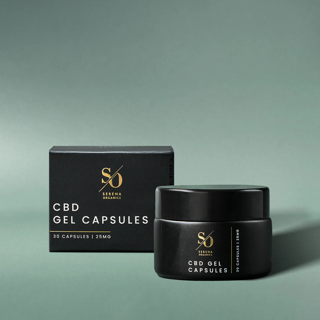 Serena Organics CBD Gel Capsules with cannabidiol hemp extract, beta-caryophyllene and MCT oil helping to support daily wellbeing with 0% THC per capsule