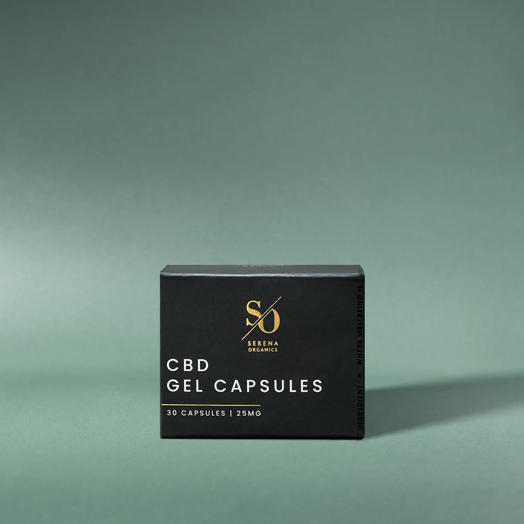 Serena Organics CBD Gel Capsules 25mg 30 capsules with organic hemp extract and MCT oil for precise daily CBD wellness support