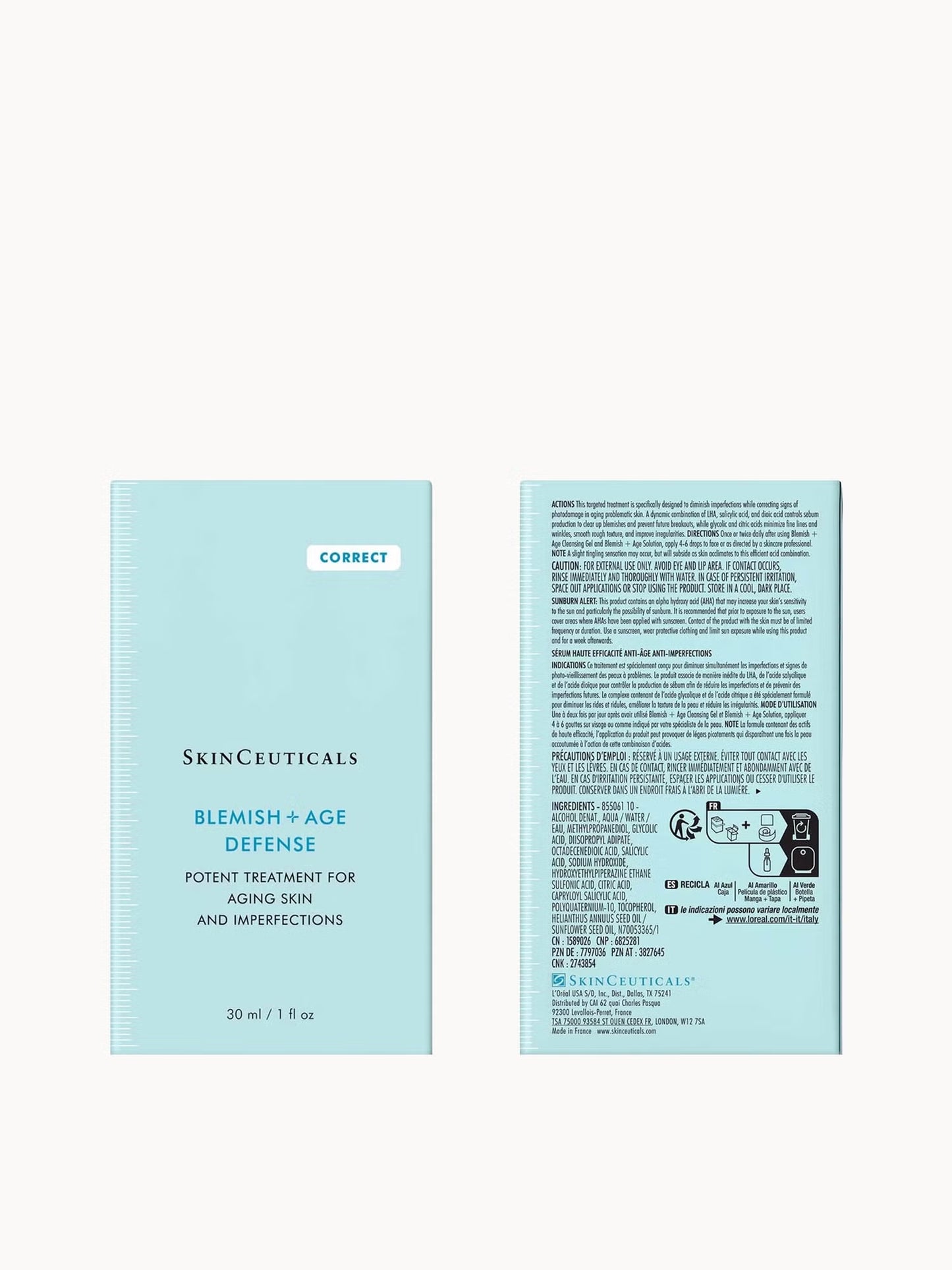 SkinCeuticals Blemish + Age Defense with salicylic acid glycolic acid and dioic acid helps exfoliate skin, reduce oil and improve acne and fine lines