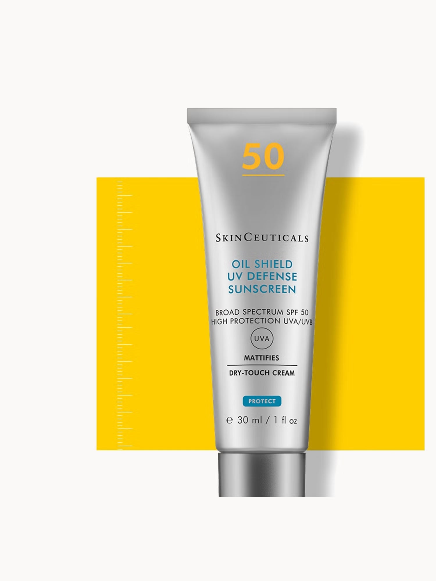 SkinCeuticals Oil Shield UV Defense SPF 50 with silica and UV filters helps absorb excess oil while protecting skin from sun damage
