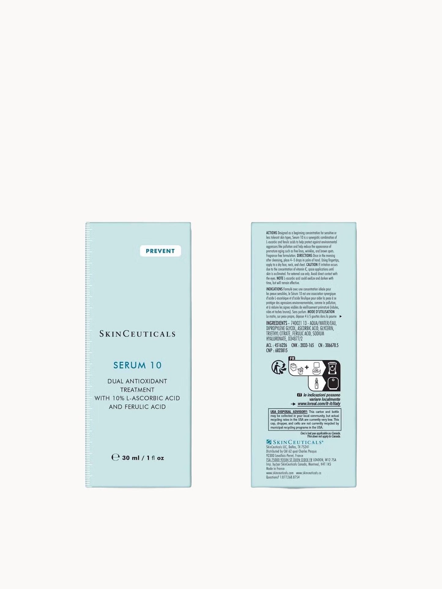 SkinCeuticals Serum 10 with vitamin C ferulic acid glycerin and hyaluronic acid helps protect against free radicals improve skin brightness and reduce early signs of ageing