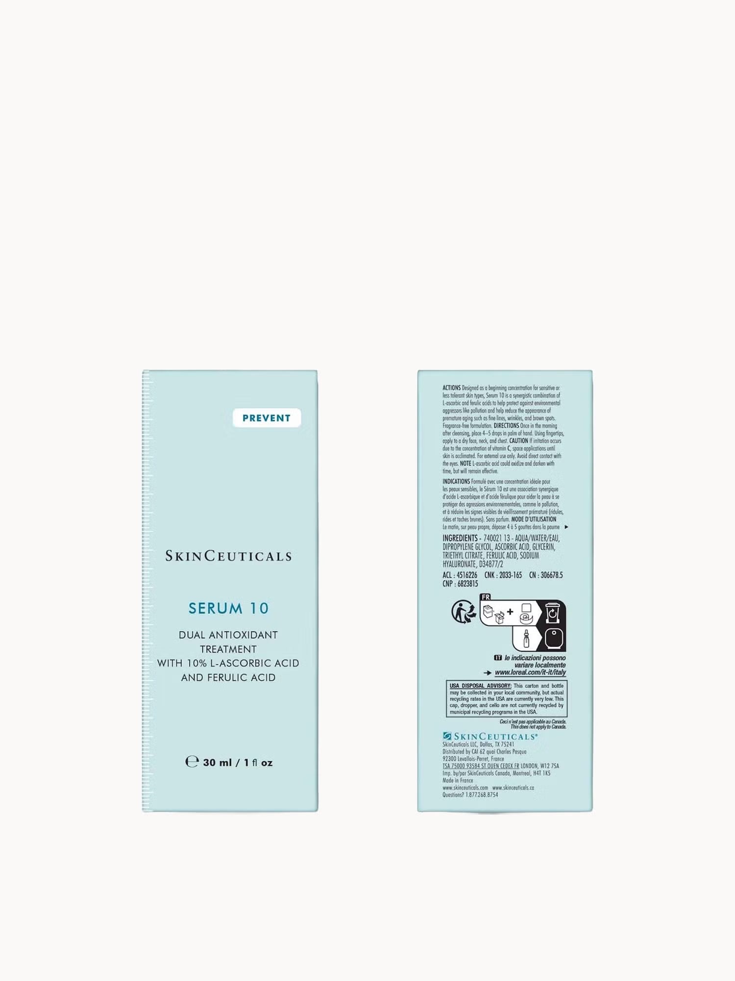 SkinCeuticals Serum 10 with vitamin C ferulic acid glycerin and hyaluronic acid helps protect against free radicals improve skin brightness and reduce early signs of ageing