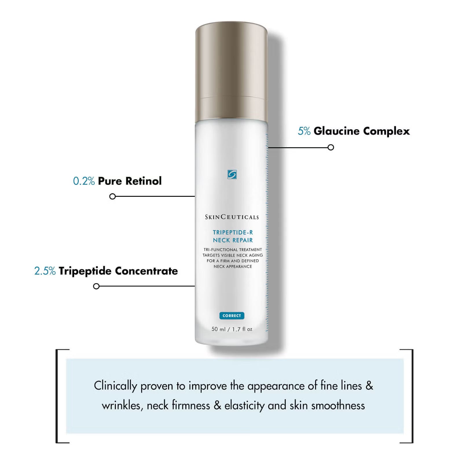 SkinCeuticals Tripeptide R-Neck Repair with retinol and peptides helps improve firmness and smooth visible signs of neck ageing