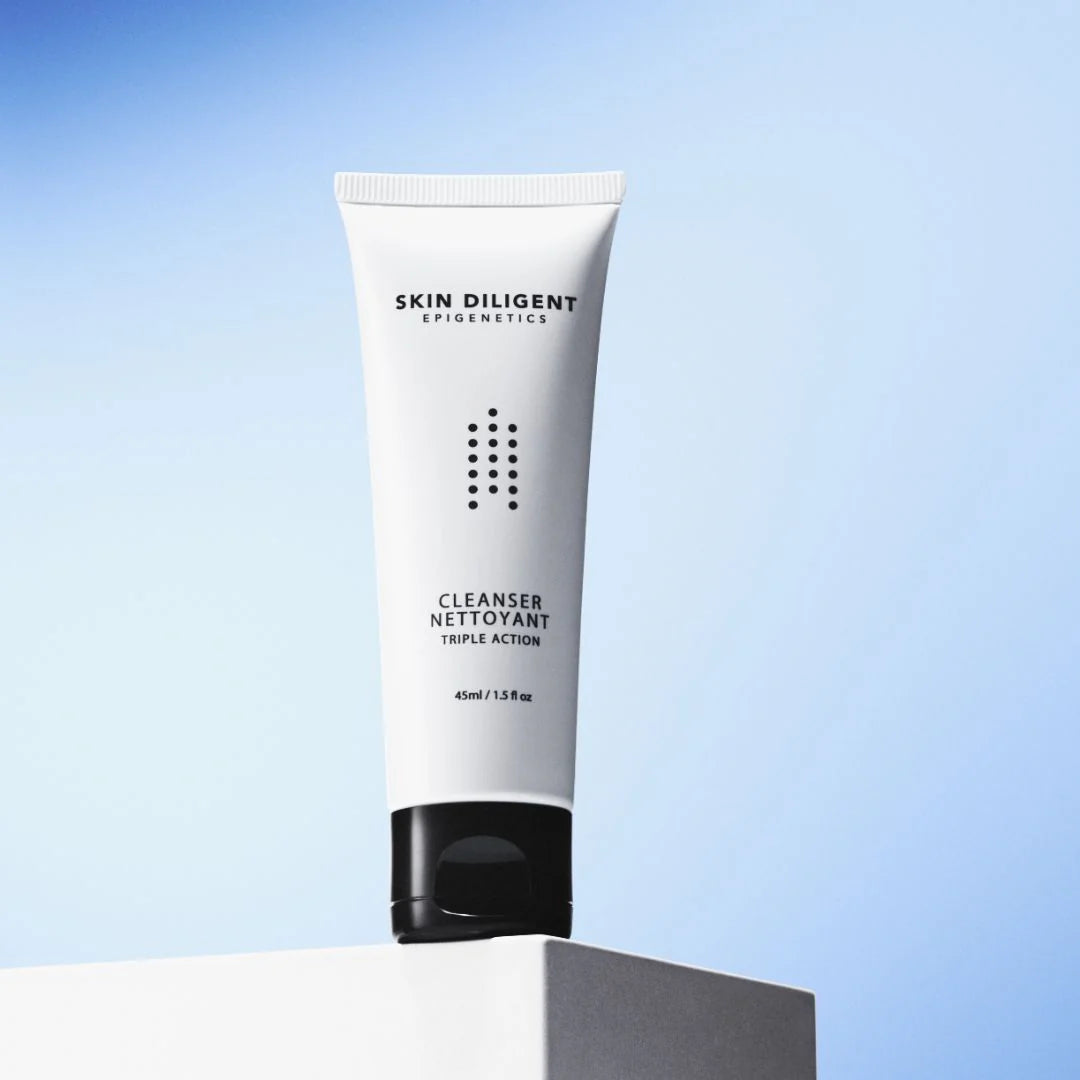 Skin Diligent Triple Action Cleanser with Salicylic Acid, Lactobacillus Ferment and Protium Heptaphyllum resin to help cleanse, soothe and support the skin's natural microbiota