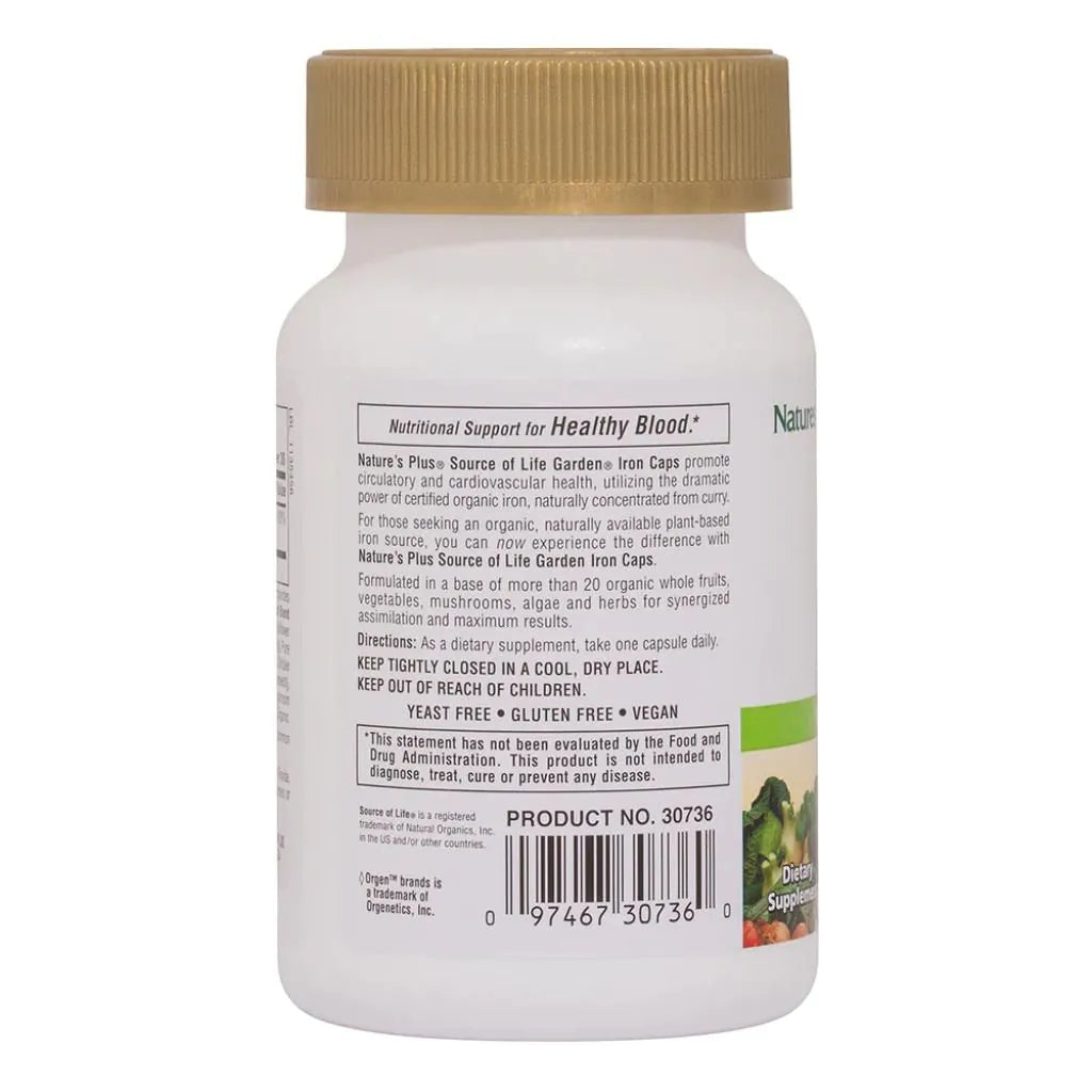 Nature's Plus Source of Life Garden Iron vegan organic gluten-free daily iron supplement to reduce tiredness and support normal immune function