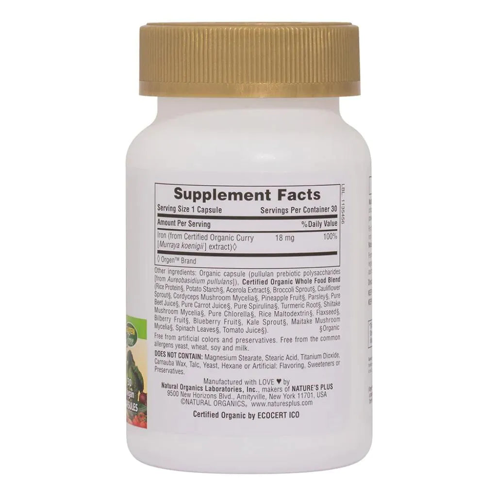 Nature's Plus Source of Life Garden Iron with organic whole food blend including Spirulina Chlorella Maitake Shiitake and Cordyceps Mushroom