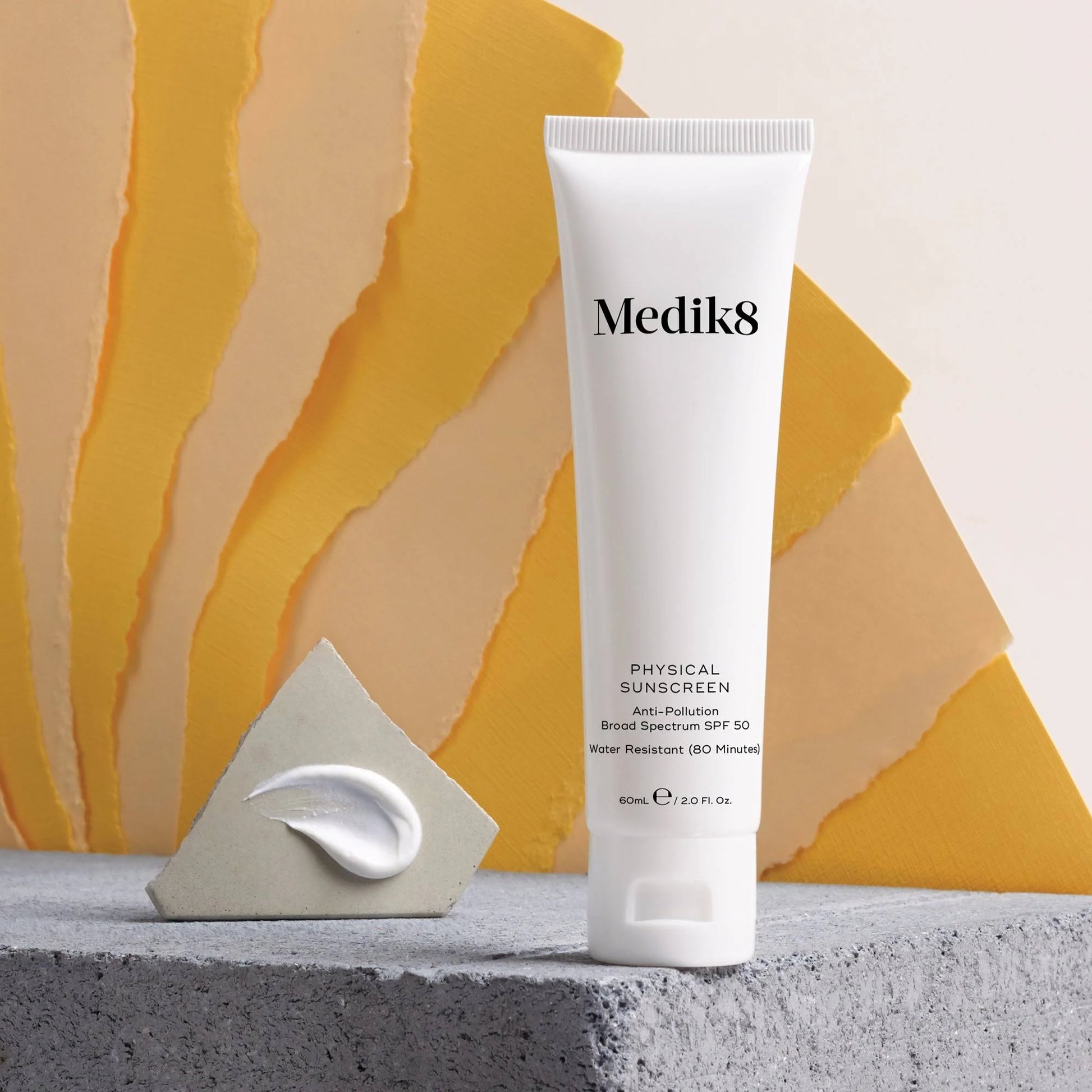 Medik8 Physical Sunscreen SPF50 60ml featuring non-nano zinc oxide squalane jojoba oil and hyaluronic acid for hydrated and protected skin throughout the day
