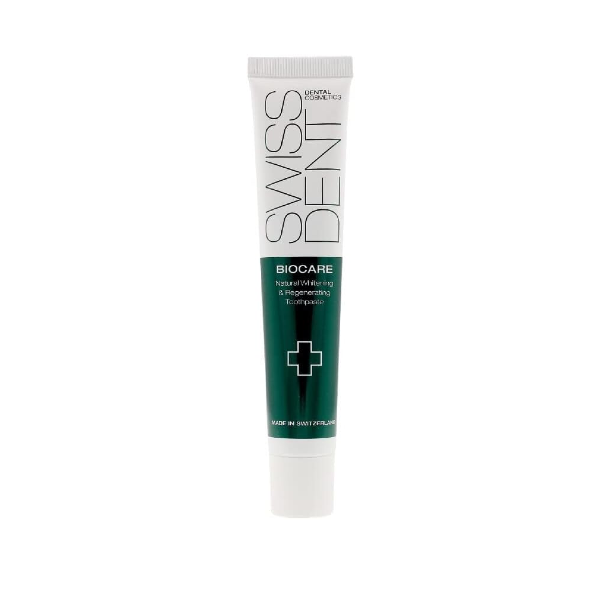 Swissdent Biocare toothpaste with papain enzyme and hydroxyapatite helping remove pigmentation and strengthen tooth enamel naturally