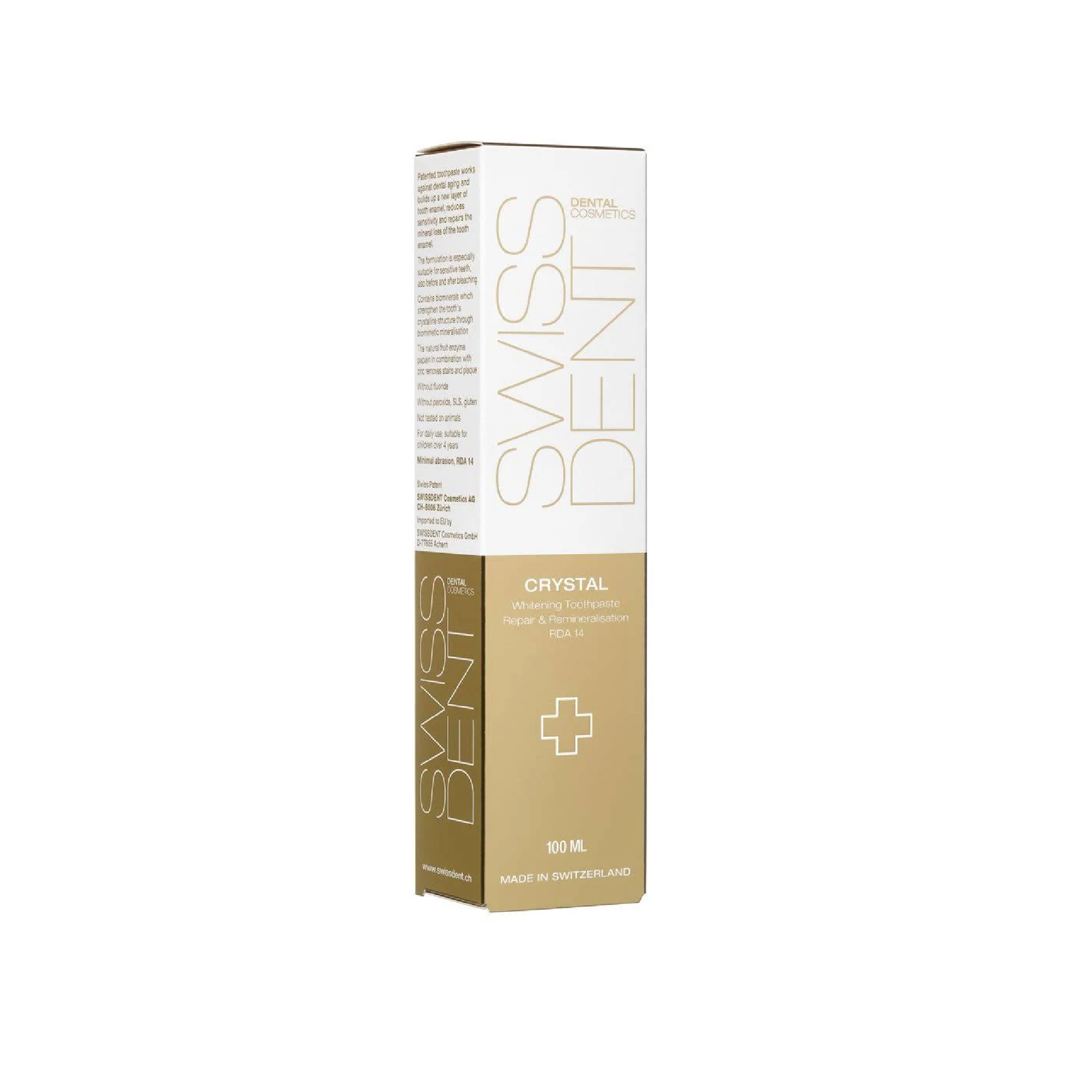 Swissdent Crystal toothpaste with papain enzyme and zinc removing plaque and tooth discolouration without fluoride or SLS
