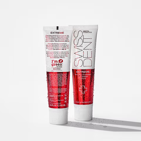 Swissdent Extreme toothpaste with papain, bromelain and calcium peroxide breaking down surface pigmentation and strengthening enamel