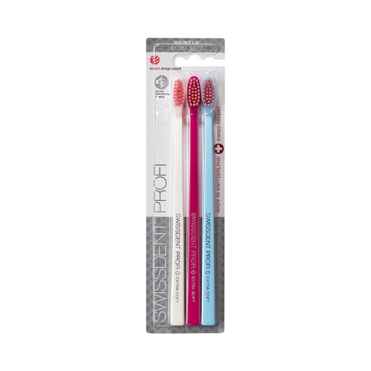 Swissdent Gentle Trio pack of 3 extra soft toothbrushes in white red and blue with patented concave head for sensitive teeth