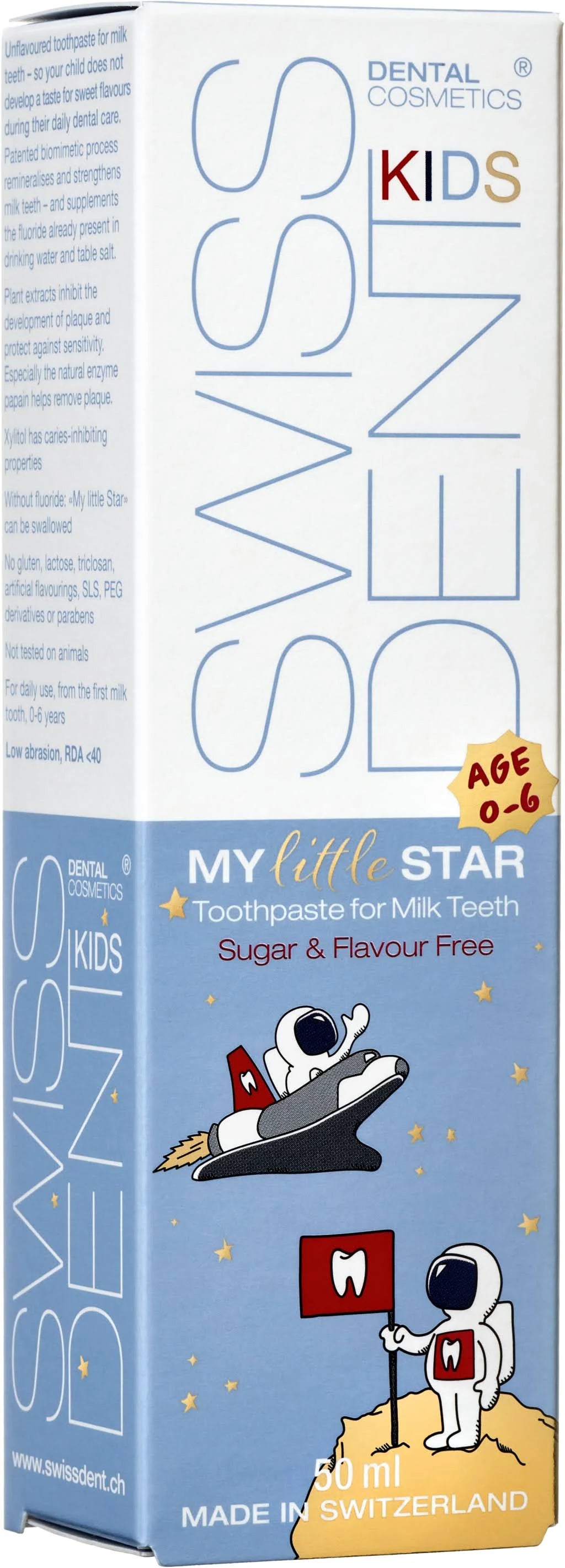Swissdent My Little Star toothpaste with xylitol and papain enzyme helping remineralise and protect sensitive milk teeth naturally