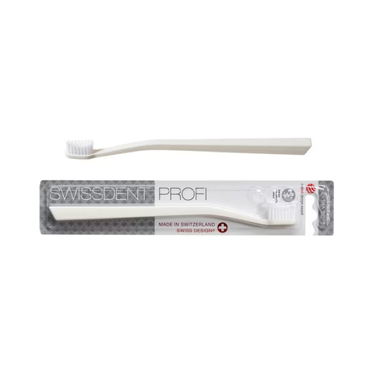 Swissdent Gentle extra soft toothbrush white with patented concave bristle field for sensitive gum protection and precision cleaning
