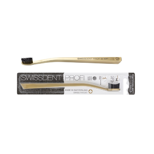 Swissdent Whitening Classic Gold toothbrush with patented concave bristle field and whitening micro particles Swiss Made