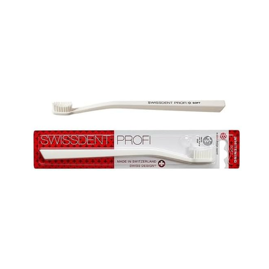 Swissdent Whitening soft toothbrush white with patented concave bristle field for precision cleaning and gum protection