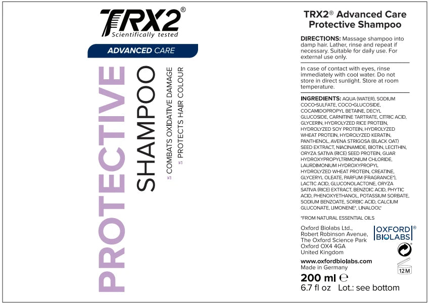 TRX2 Advanced Care Protective Shampoo uses rice proteins and black oat with panthenol to help keep hair hydrated, smooth and glossy.
