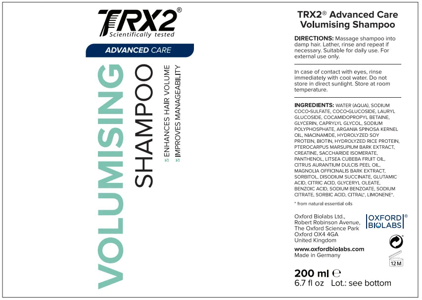 TRX2 Advanced Care Volumising Shampoo uses soy and rice proteins to help add light volume, reduce frizz and make hair easier to manage.