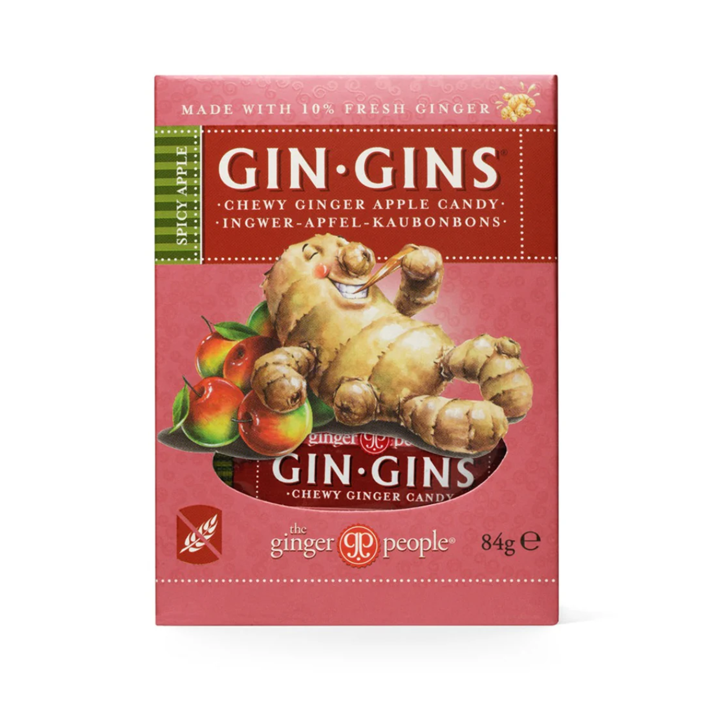 Ginger People Gin Gins Spicy Apple Ginger Chews 84g made with 10% fresh ginger, apple and cinnamon, vegan and gluten free